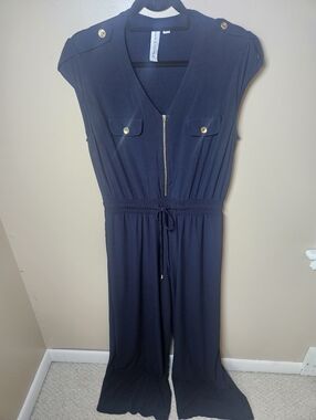 Emma & Michele Navy Tie Waist Wide Leg Stretch Jersey Jumpsuit Large